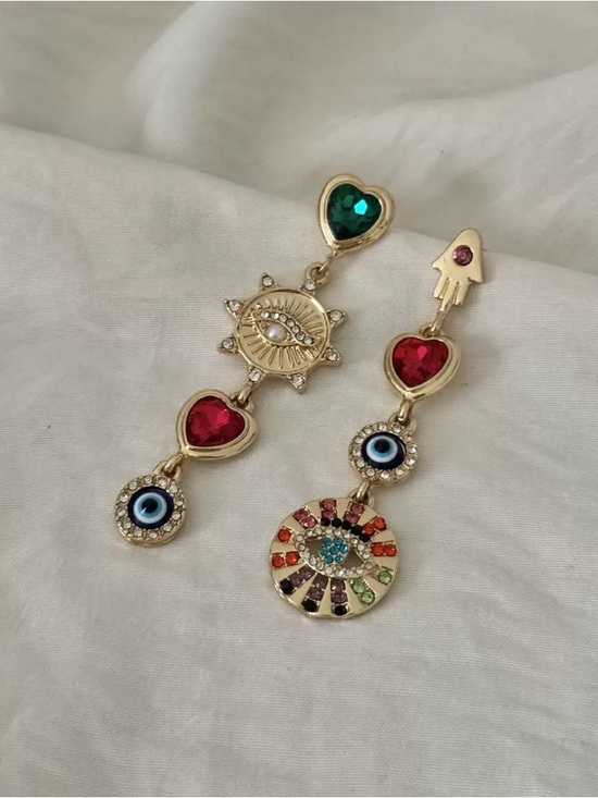 Anthropologie Jewelry - Anthropologie Gold-Tone Multicolor Heart & Evil Eye Asymmetric Drop Earrings